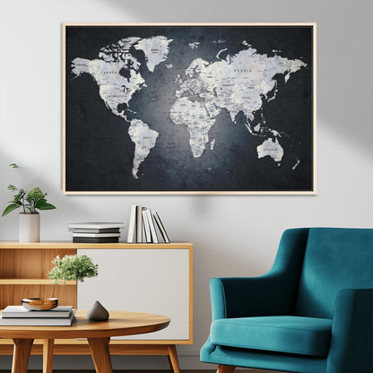 19124-MGV-CV-36X24-Modern World Map Wall Art – Black and White Canvas Print, Minimalist Global Map Decor for Office, Study, Bedroom or Living Room