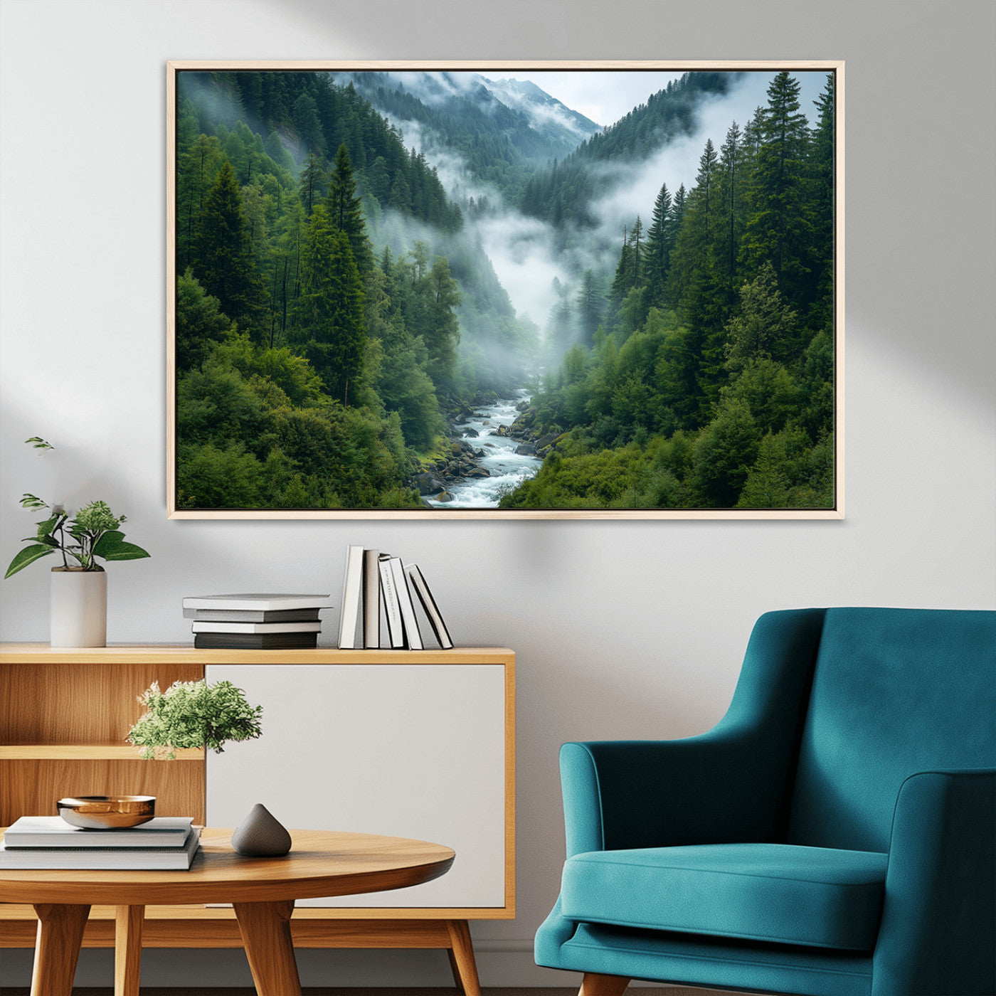 69453-MGV-CV-36X24-Mountain Forest Wall Art – Misty River and Evergreen Landscape Canvas Print, Nature Photography Poster for Living Room, Bedroom,