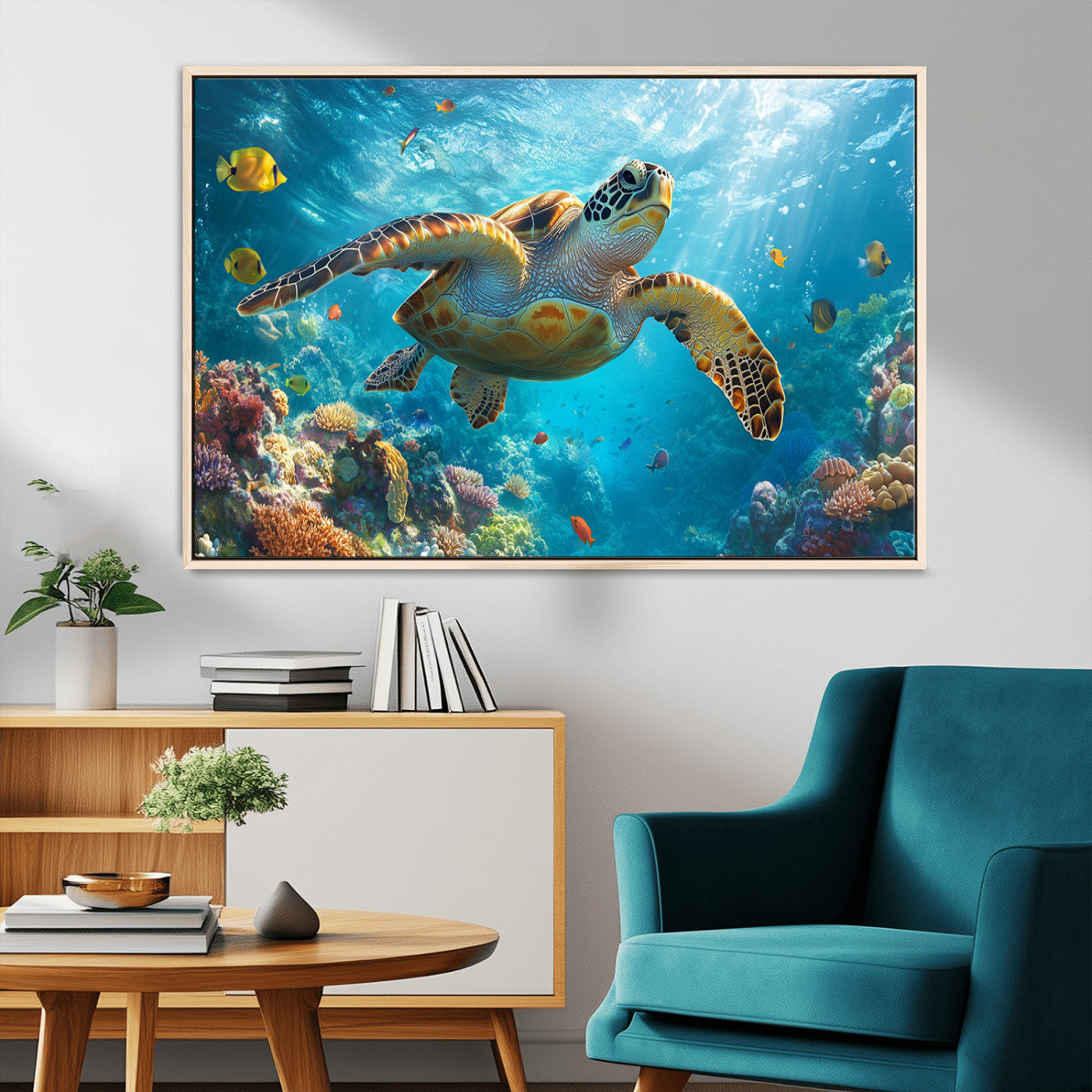 37623-MGV-CV-36X24-Sea Turtle Wall Art – Underwater Ocean Canvas Print with Coral Reef and Tropical Fish, Marine Life Painting Poster for Living
