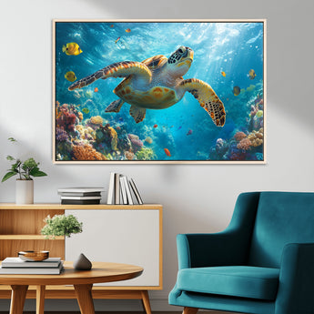 37623-MGV-CV-36X24-Sea Turtle Wall Art – Underwater Ocean Canvas Print with Coral Reef and Tropical Fish, Marine Life Painting Poster for Living