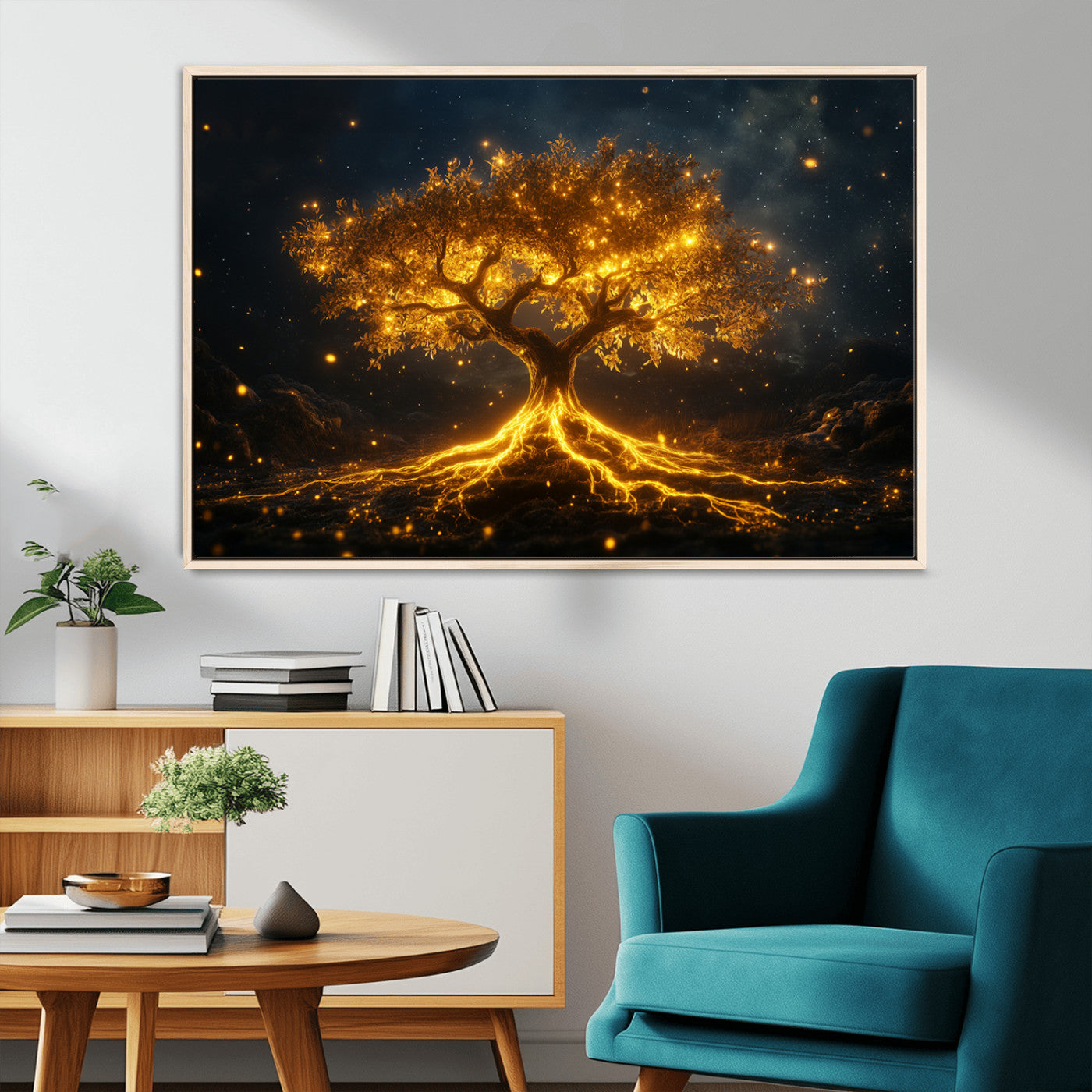 60194-MGV-CV-36X24-Glowing Tree Wall Art – Golden Roots Fantasy Canvas Print, Mystical Illuminated Tree Painting Poster for Living Room, Bedroom,