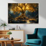 92739-MGV-CV-36X24-Glowing Tree Wall Art – Enchanted Golden Forest Canvas Print, Mystical Illuminated Nature Painting Poster for Living Room,