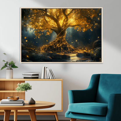 92739-MGV-CV-36X24-Glowing Tree Wall Art – Enchanted Golden Forest Canvas Print, Mystical Illuminated Nature Painting Poster for Living Room,