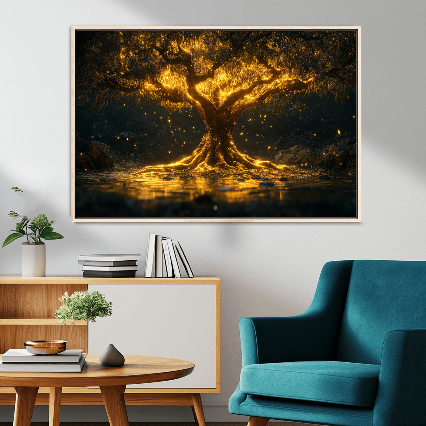 59580-MGV-CV-36X24-Glowing Tree Wall Art – Golden Fantasy Nature Canvas Print, Mystical Illuminated Tree Painting Poster for Living Room, Bedroom,