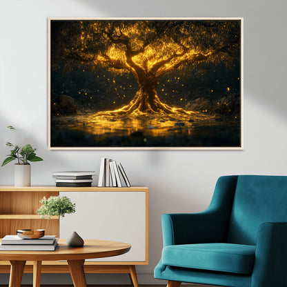 59580-MGV-CV-36X24-Glowing Tree Wall Art – Golden Fantasy Nature Canvas Print, Mystical Illuminated Tree Painting Poster for Living Room, Bedroom,