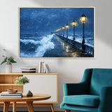 32668-MGV-CV-36X24-Stormy Pier Wall Art – Ocean Waves and Street Lamps Canvas Print, Rainy Night Seascape Oil Painting Poster for Living Room,