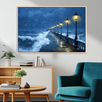 32668-MGV-CV-36X24-Stormy Pier Wall Art – Ocean Waves and Street Lamps Canvas Print, Rainy Night Seascape Oil Painting Poster for Living Room,