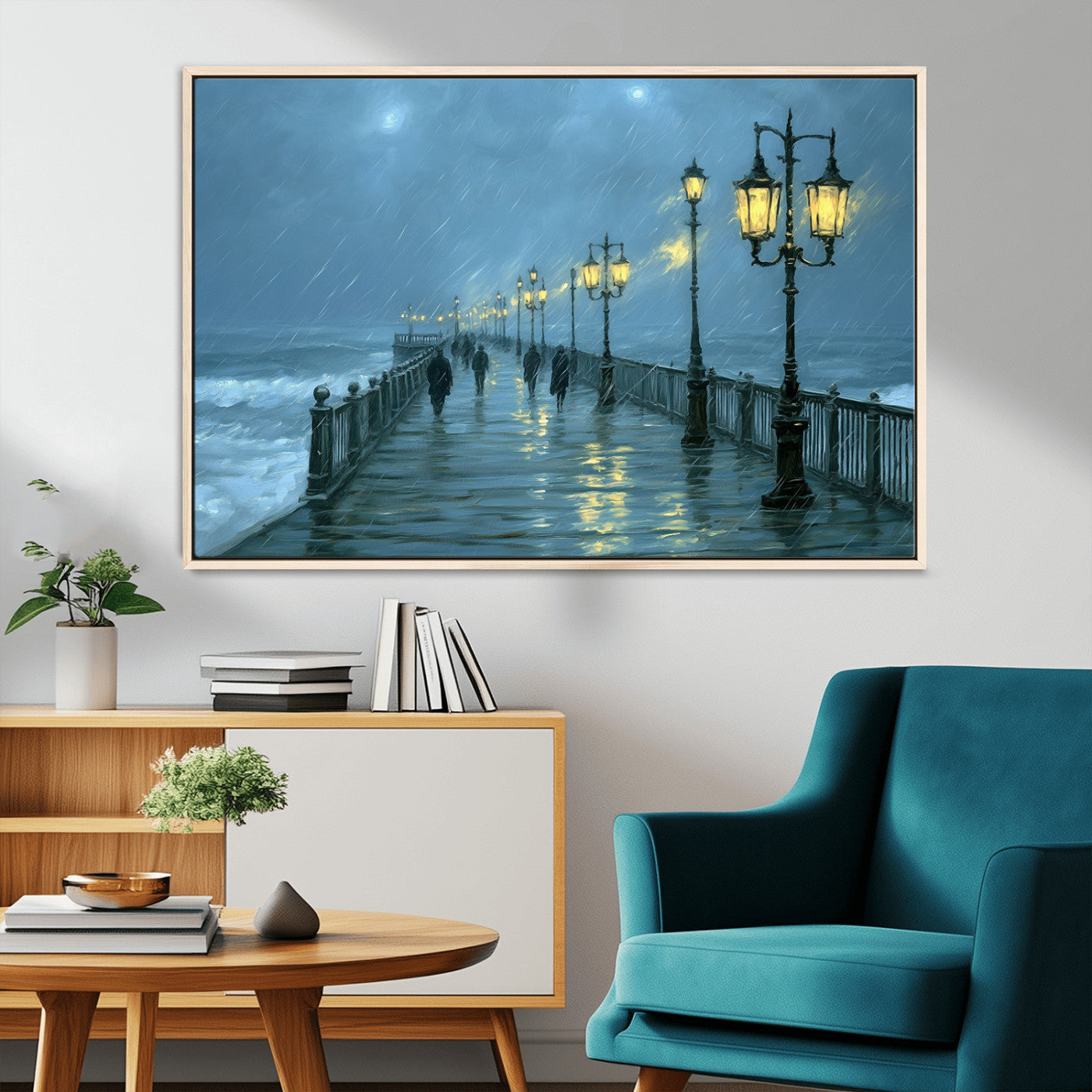 79606-MGV-CV-36X24-Rainy Pier Night Wall Art – Ocean Waves and Street Lamps Canvas Print, Moody Seascape Oil Painting Poster for Living Room,