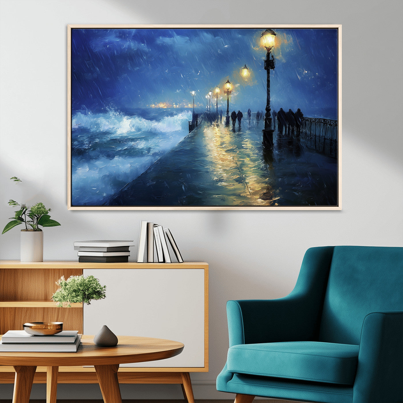 94571-MGV-CV-36X24-Seaside Night Wall Art – Ocean Waves and Street Lamps Canvas Print, Rainy City Pier Oil Painting Poster for Living Room, Bedroom,