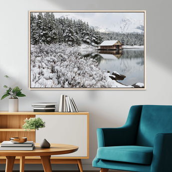 29975-MGV-CV-36X24-Winter Cabin by the Lake Wall Art – Snowy Mountain Landscape Canvas Print, Rustic Lodge Cabin Decor for Cozy Living Room, Bedroom