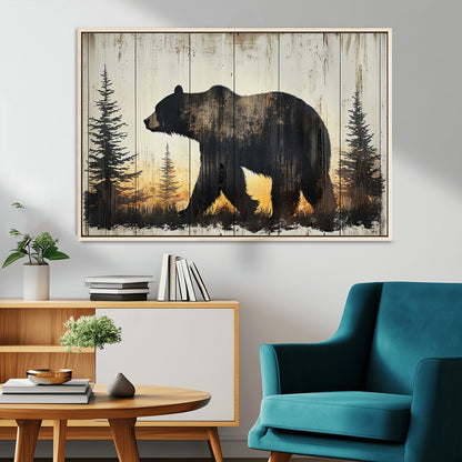 83875-MGV-FC-36X24_Natural-Sunset Bear Wall Art – Rustic Wildlife Canvas Print with Forest Silhouette, Cabin Lodge Decor for Living Room or Office