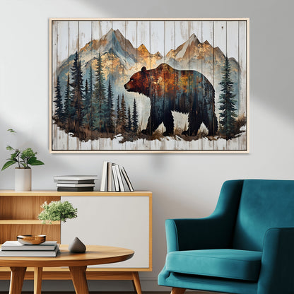 55777-MGV-FC-36X24_Natural-Rustic Bear Wall Art Canvas Print, Framed Mountain and Forest Art Picture Print, Wooden Bear Perfect Rustic Lodge Decor Artwork