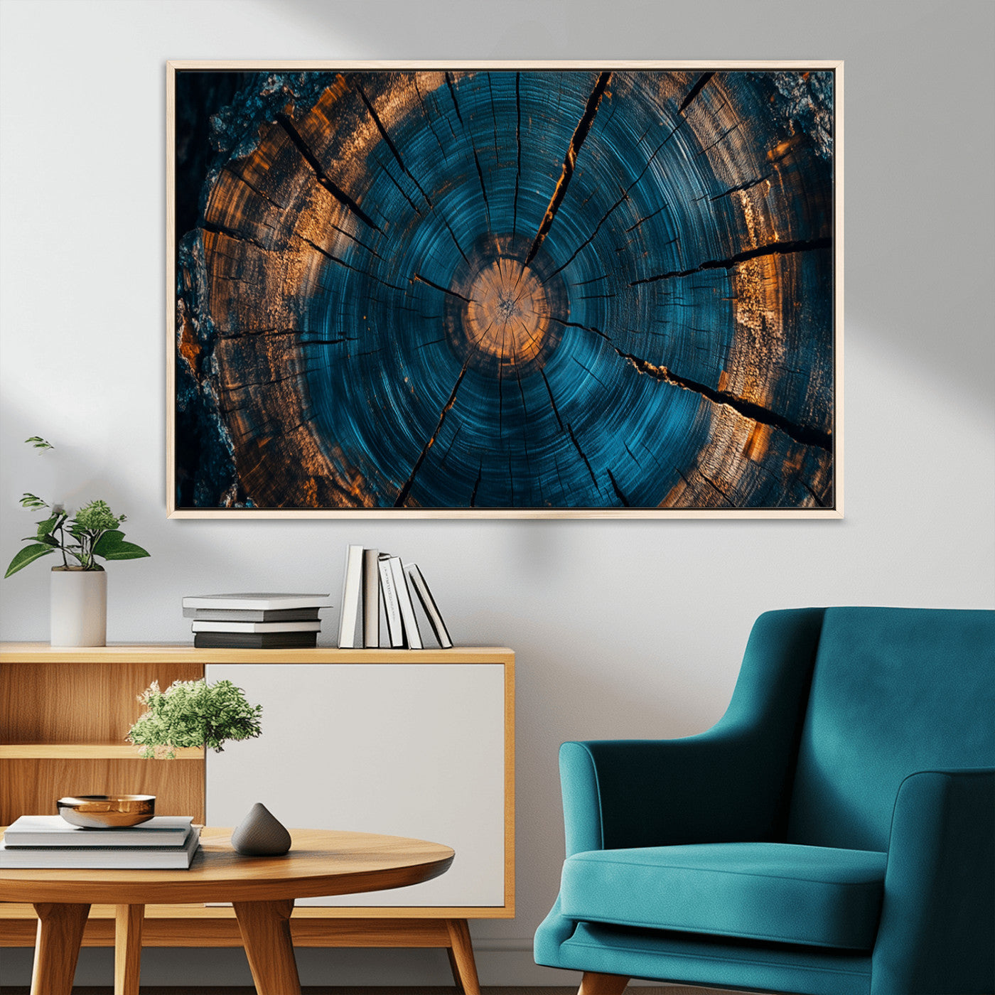 65231-MGV-CV-36X24-Blue and Gold Tree Ring Wall Art – Rustic Abstract Wood Slice Canvas Print, Modern Nature Inspired Artwork for Living Room,