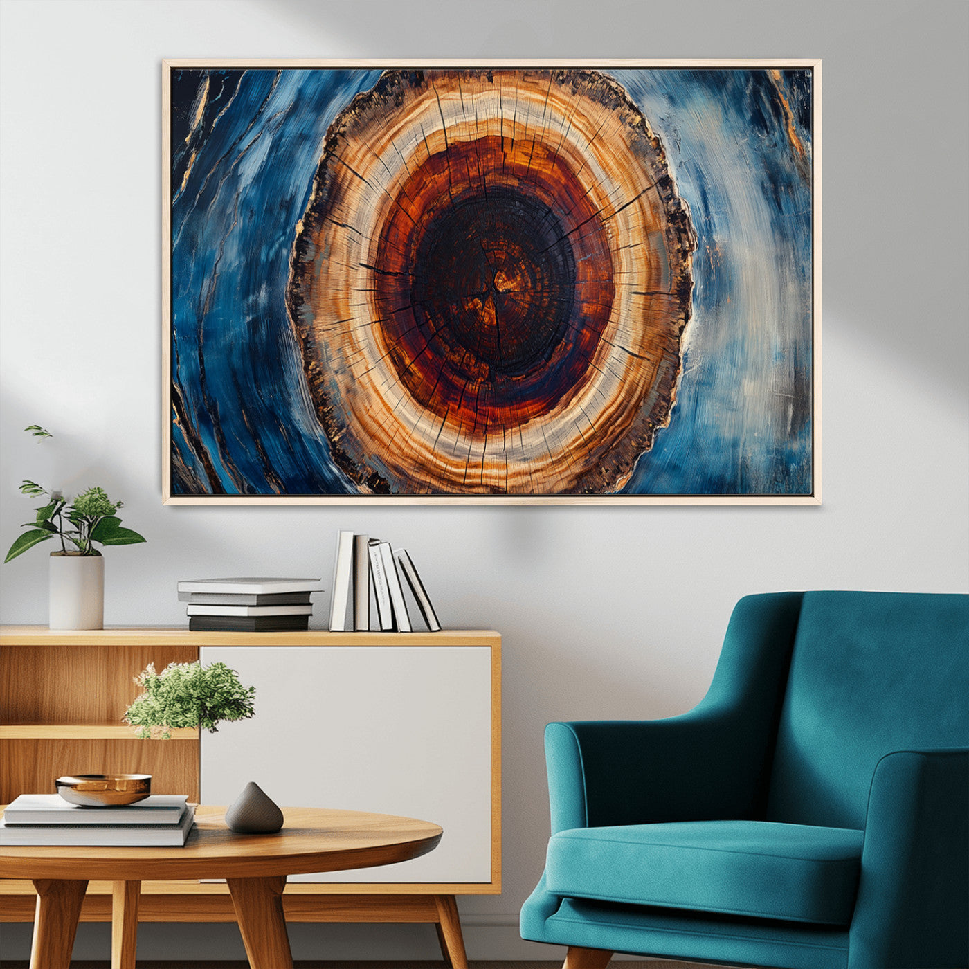 30457-MGV-CV-36X24-Tree Ring Abstract Wall Art – Blue and Brown Wood Grain Canvas Print, Modern Nature Inspired Painting for Rustic Living Room,