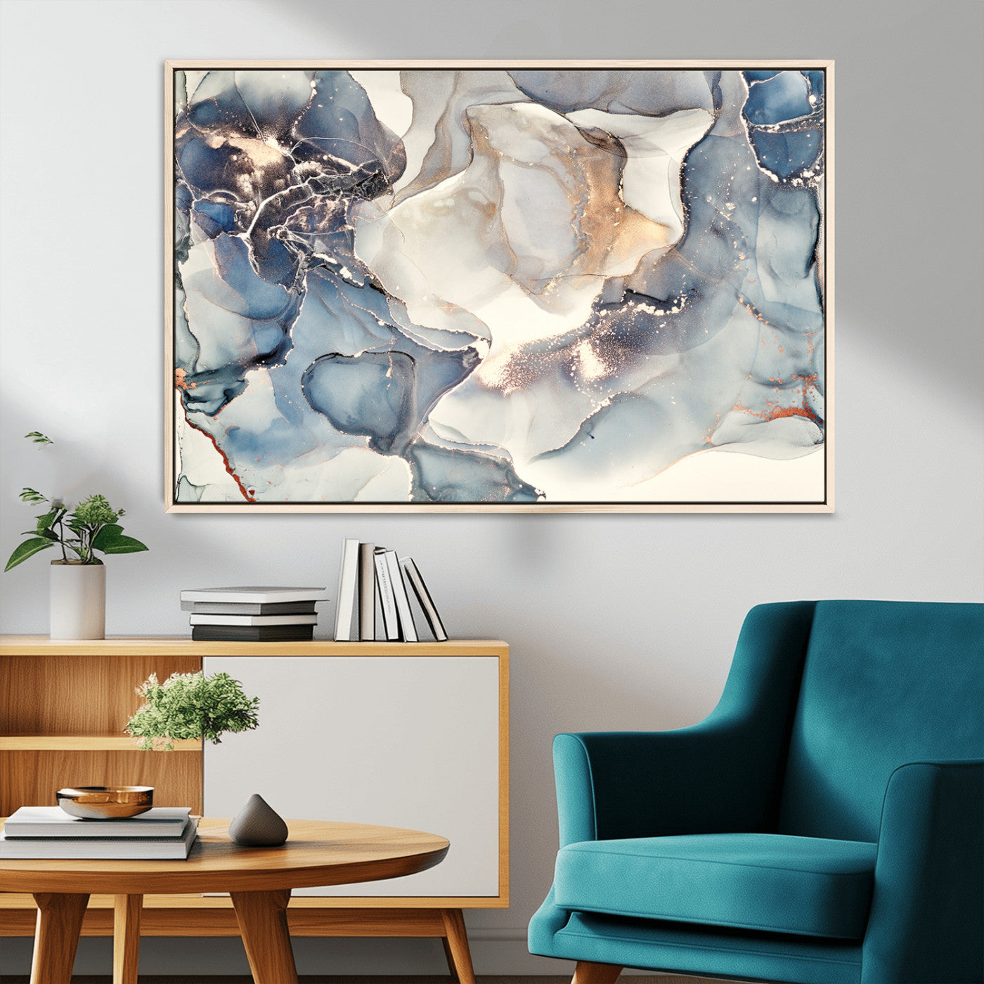 51497-MGV-CV-36X24-Abstract Blue and Gold Wall Art – Modern Fluid Ink Style Canvas Print, Elegant Contemporary Decor for Living Room, Office