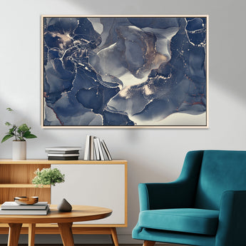28282-MGV-CV-36X24-Blue Abstract Wall Art – Modern Ink Swirl Canvas Print, Contemporary Navy and Gold Painting for Living Room, Bedroom, Office or