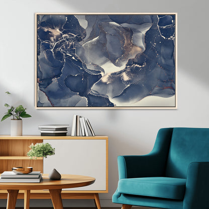 28282-MGV-CV-36X24-Blue Abstract Wall Art – Modern Ink Swirl Canvas Print, Contemporary Navy and Gold Painting for Living Room, Bedroom, Office or