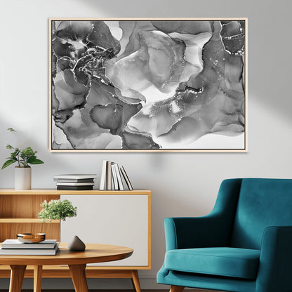 15911-MGV-CV-36X24-Black and White Abstract Wall Art – Modern Ink Swirl Canvas Print, Minimalist Contemporary Painting for Living Room, Bedroom,