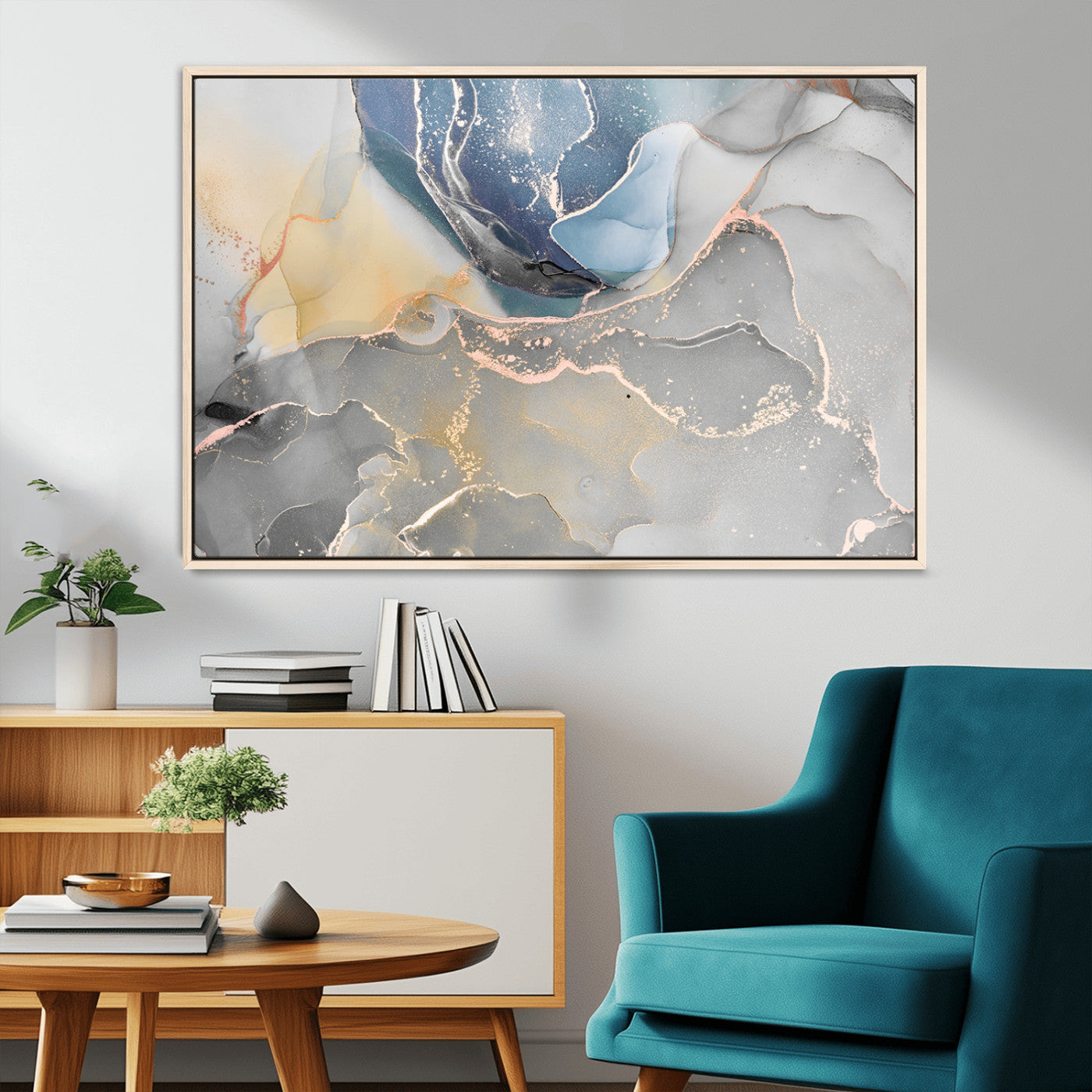 18176-MGV-CV-36X24-Abstract Fluid Wall Art – Modern Marble Ink Canvas Print with Blue, Gold, and Gray Tones, Contemporary Minimal Artwork Decor for