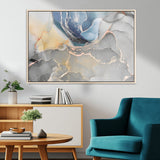 18176-MGV-CV-36X24-Abstract Fluid Wall Art – Modern Marble Ink Canvas Print with Blue, Gold, and Gray Tones, Contemporary Minimal Artwork Decor for