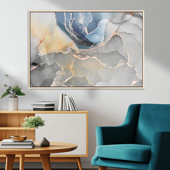 18176-MGV-CV-36X24-Abstract Fluid Wall Art – Modern Marble Ink Canvas Print with Blue, Gold, and Gray Tones, Contemporary Minimal Artwork Decor for
