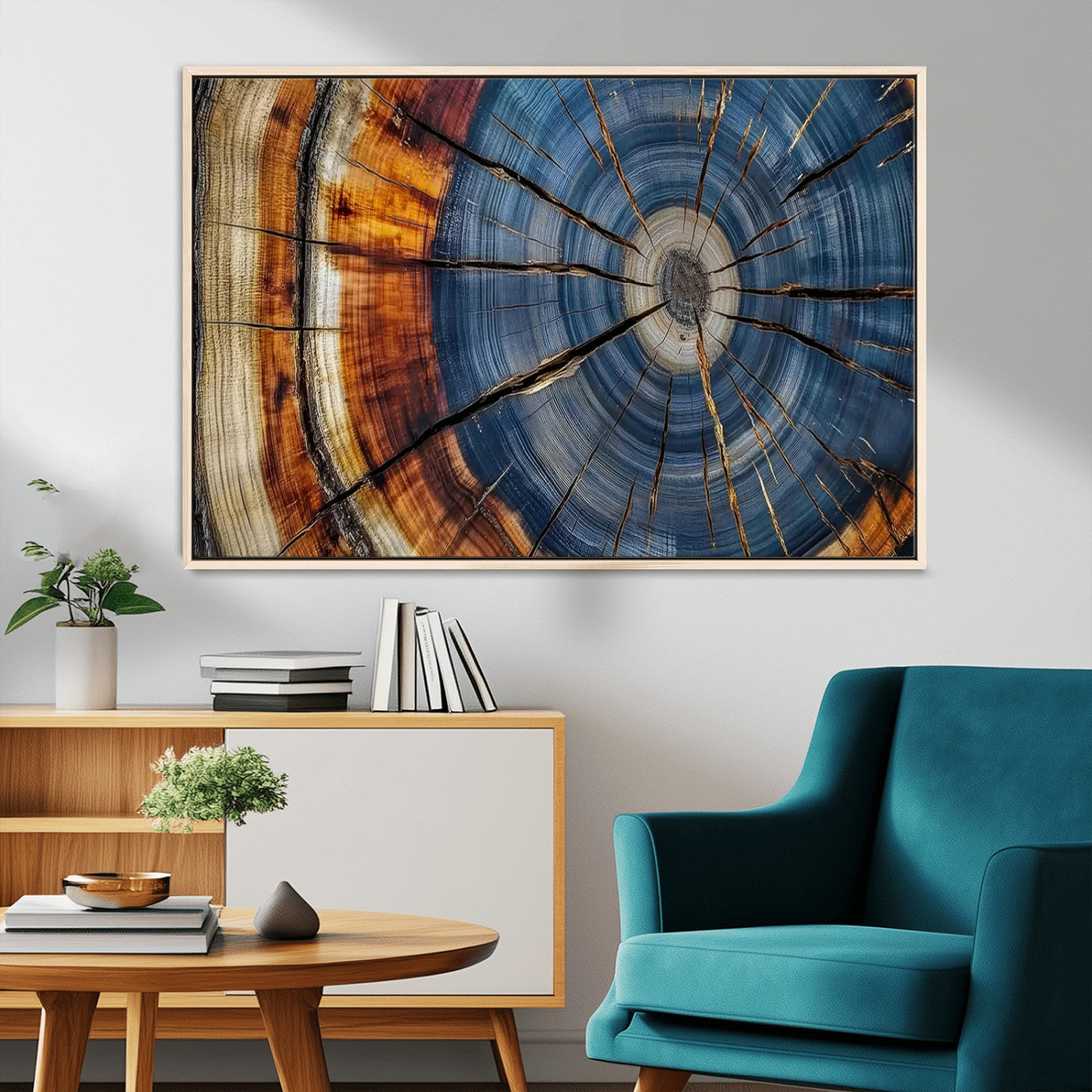 10583-MGV-CV-36X24-Tree Ring Wall Art – Abstract Wood Grain Canvas Print with Blue and Brown Tones, Nature Inspired Rustic Artwork for Living Room,