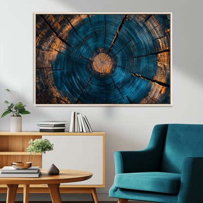 13398-MGV-CV-36X24-Tree Ring Wall Art – Abstract Wood Grain Canvas Print with Blue and Orange Accents, Rustic Nature Inspired Artwork for Living