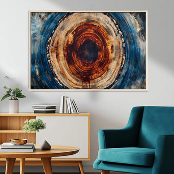 90395-MGV-CV-36X24-Tree Ring Wall Art – Abstract Wood Grain Canvas Print with Fiery Red and Blue Tones, Bold Rustic Nature Inspired Artwork Decor for