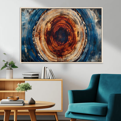 90395-MGV-CV-36X24-Tree Ring Wall Art – Abstract Wood Grain Canvas Print with Fiery Red and Blue Tones, Bold Rustic Nature Inspired Artwork Decor for