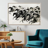 23069-MGV-CV-36X24-Galloping Horses Wall Art – Black Ink Painting on Canvas, Dynamic Equestrian Artwork with Running Stallions, Expressive Modern