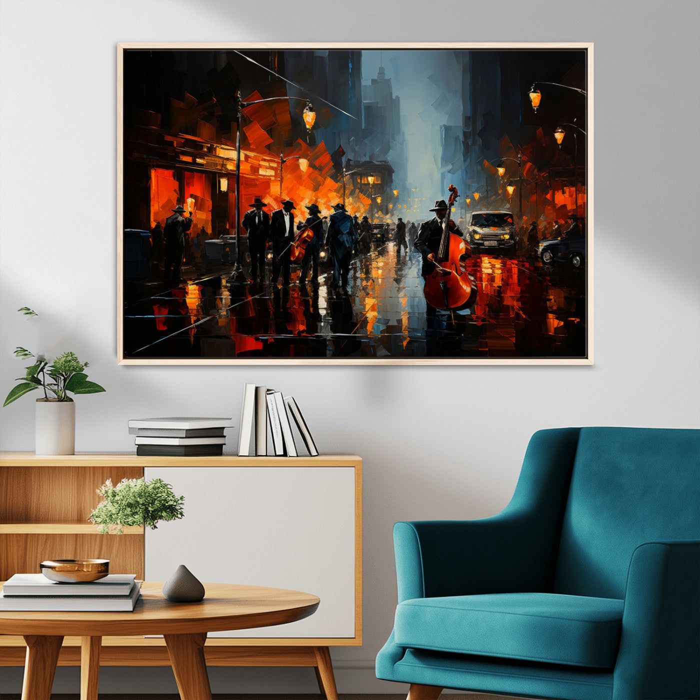 32816-MGV-CV-36X24-City Jazz Night Wall Art – Modern Abstract Urban Street Scene Canvas Print, Moody Music-Themed Decor for Living Room, Office, or