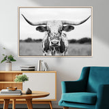 20272-MGV-FC-36X24_Natural-Highland Cow Wall Art – Black and White Western Longhorn Canvas Print, Farmhouse Living Room Decor Southwestern Animal Artwork for