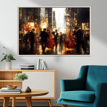 58782-MGV-CV-36X24-Jazz Musicians Cityscape Wall Art – Vibrant Urban Night Canvas Print, Elegant Music Themed Decor for Living Room, Office, or Music