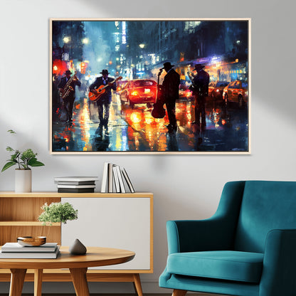 94605-MGV-CV-36X24-City Jazz Night Wall Art – Vibrant Music Canvas Print Featuring Saxophone, Guitar and Bass Players, Urban Street Scene Artwork for