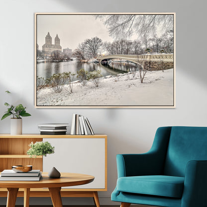 60292-MGV-CV-36X24-Central Park Winter Wall Art – Snowy Bow Bridge Canvas Print, Scenic New York City Landscape Photography for Living Room, Bedroom