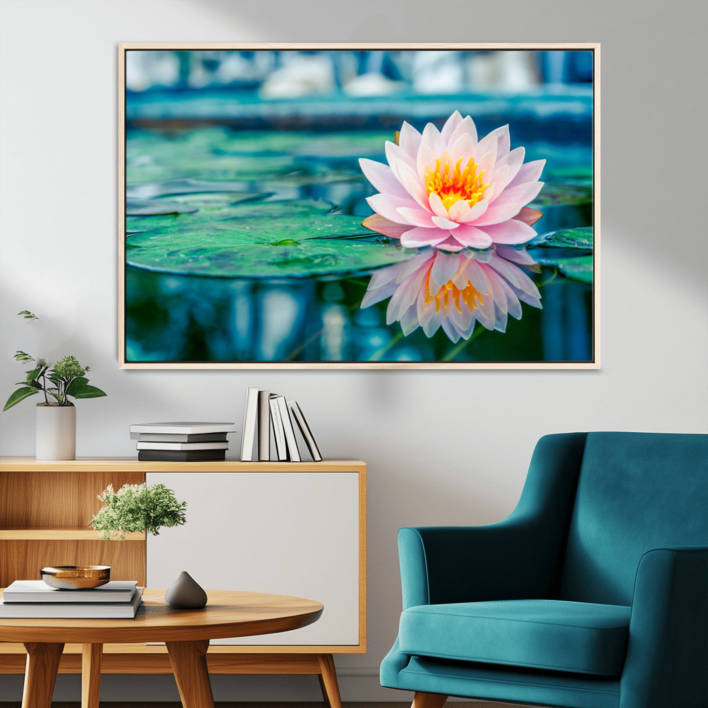 65933-MGV-CV-36X24-Pink Water Lily Wall Art – Lotus Flower Canvas Print with Reflection on Calm Water, Peaceful Botanical Artwork for Living Room,