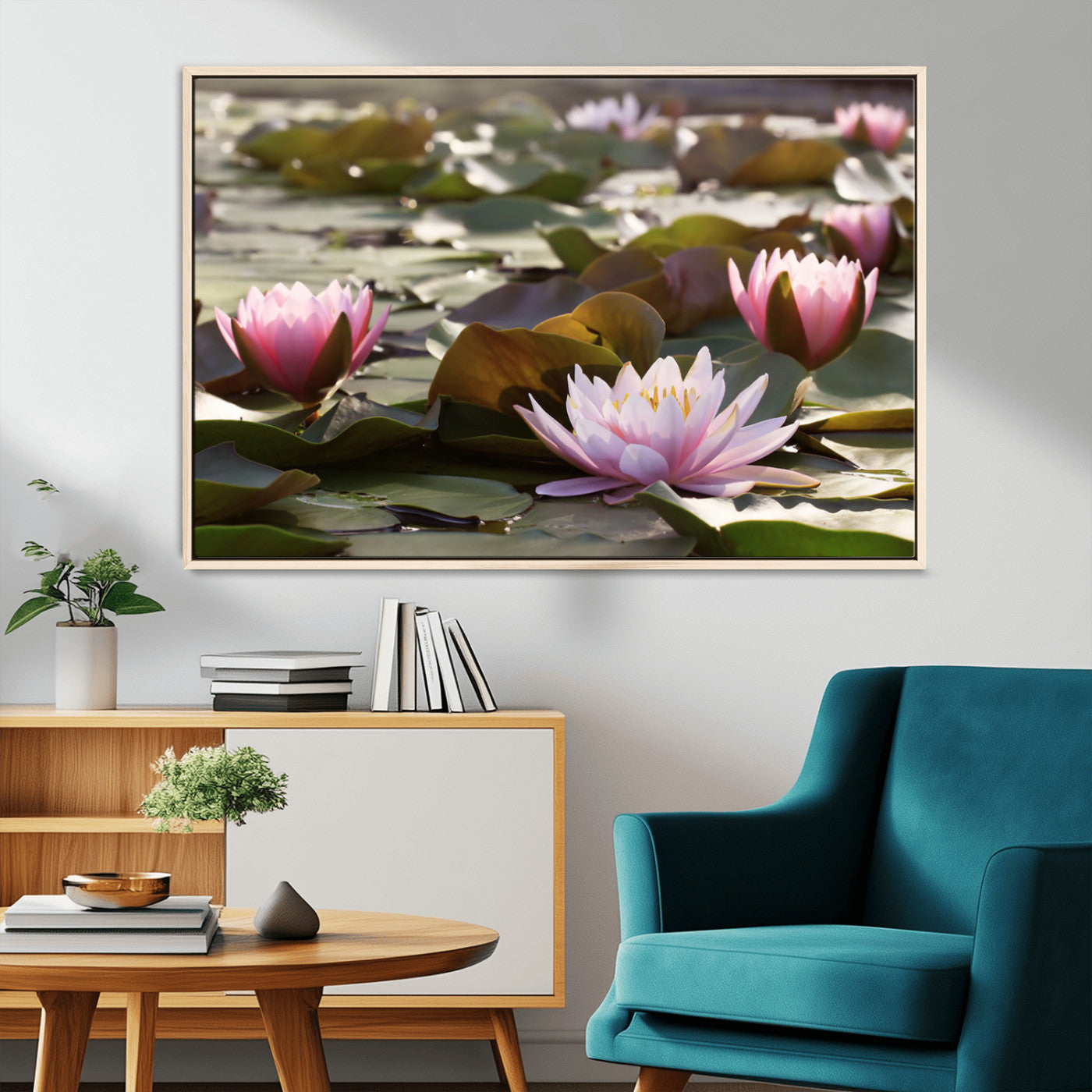 72218-MGV-CV-36X24-Water Lily Pond Wall Art – Pink Lotus Flowers Canvas Print with Green Lily Pads, Peaceful Botanical Artwork for Living Room,