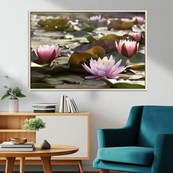 72218-MGV-CV-36X24-Water Lily Pond Wall Art – Pink Lotus Flowers Canvas Print with Green Lily Pads, Peaceful Botanical Artwork for Living Room,