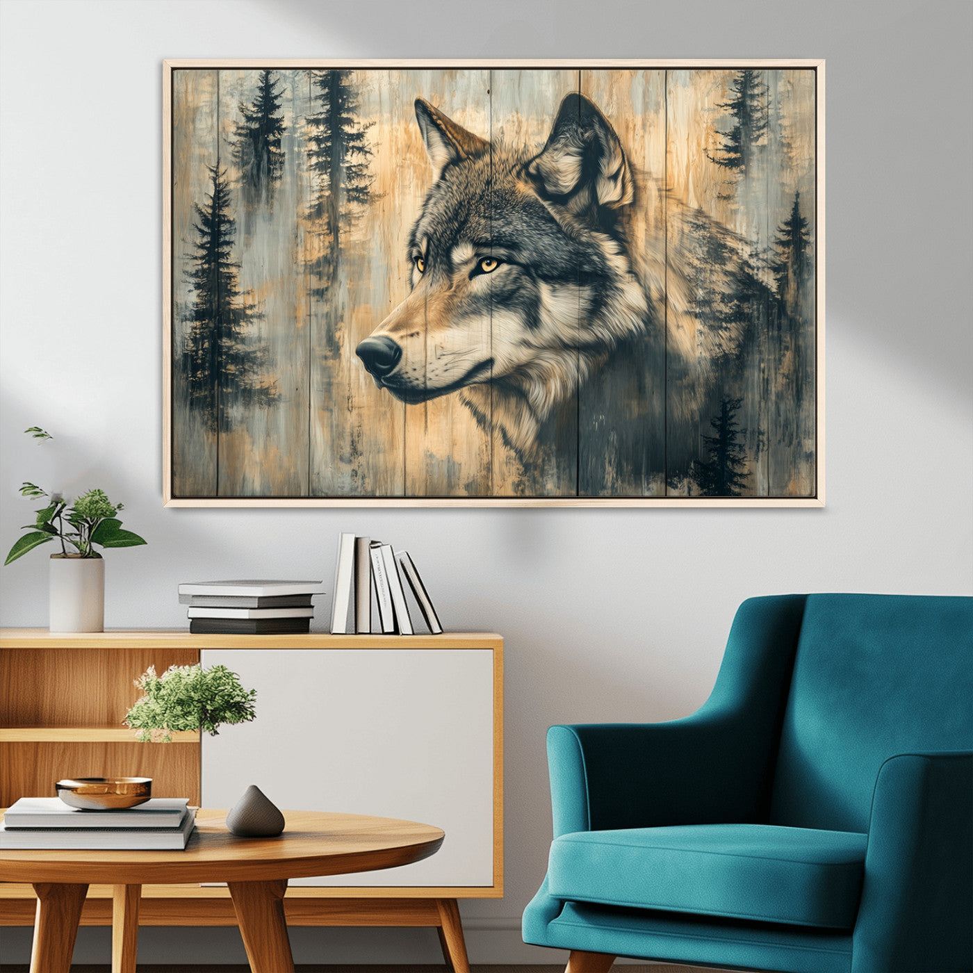 51892-MGV-CV-36X24-Wolf Wall Art – Rustic Canvas Print of Wolf with Forest Trees on Wood Texture, Wildlife Lodge Artwork for Living Room, Bedroom,