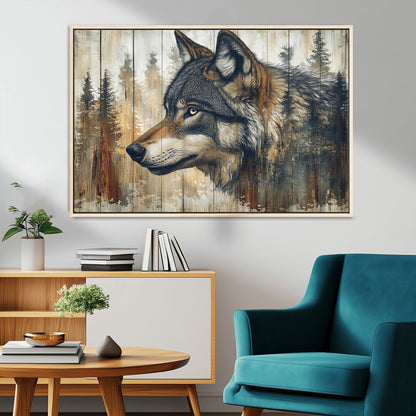 91882-MGV-CV-36X24-Wolf Wall Art – Rustic Canvas Print of Forest Wolf on Wood Background, Wildlife Lodge Artwork for Living Room, Bedroom, Cabin, or