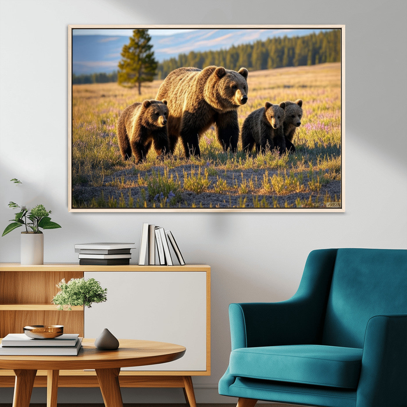 43400-MGV-CV-36X24-Bear Family Wall Art – Wildlife Canvas Print of Mother Bear with Cubs in Sunlit Meadow, Rustic Animal Artwork for Living Room,