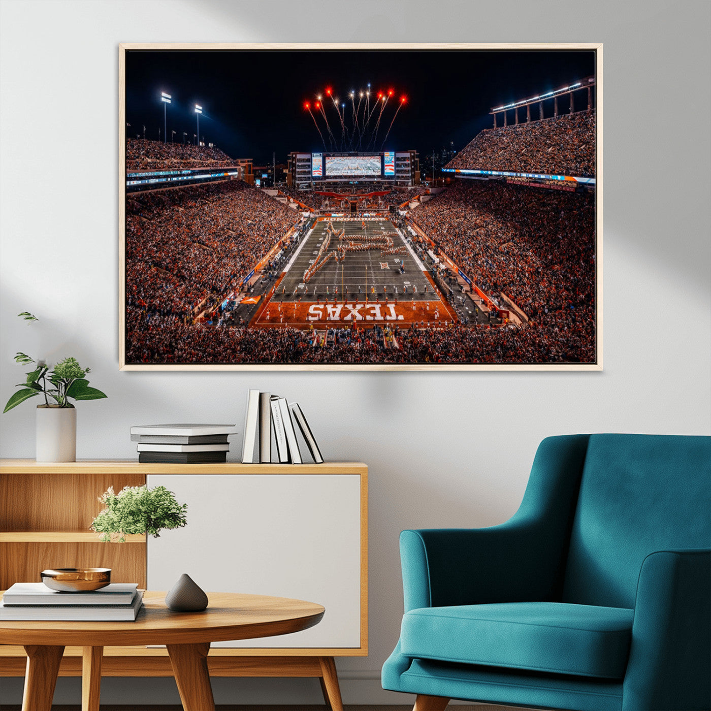 58778-MGV-CV-36X24-Texas Longhorns Stadium Wall Art – Panoramic Football Canvas Print with Game Day Crowd, Fireworks, Sports Artwork for Office or
