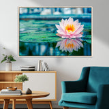 30320-MGV-CV-36X24-Pink Water Lily Wall Art – Lotus Flower Canvas Print with Reflection Water, Peaceful Botanical Artwork for Living Room, Bedroom,