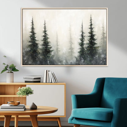 33241-MGV-CV-36X24-Misty Forest Wall Art Canvas Print, Framed Foggy Pines Art Picture Print, Forest Haze Perfect Rustic Minimalist Decor Artwork