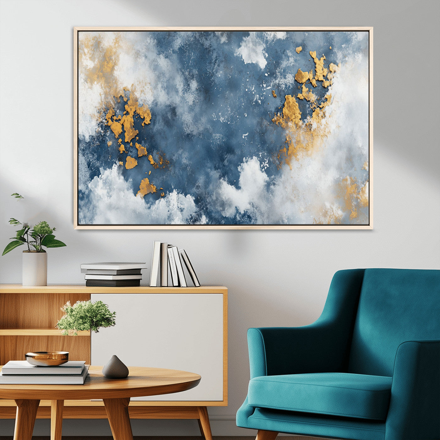 39575-MGV-CV-36X24-Blue and Gold Abstract Wall Art – Modern Canvas Print Featuring Cloudy Textures with Metallic Accents, Contemporary Artwork for