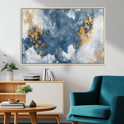 39575-MGV-CV-36X24-Blue and Gold Abstract Wall Art – Modern Canvas Print Featuring Cloudy Textures with Metallic Accents, Contemporary Artwork for