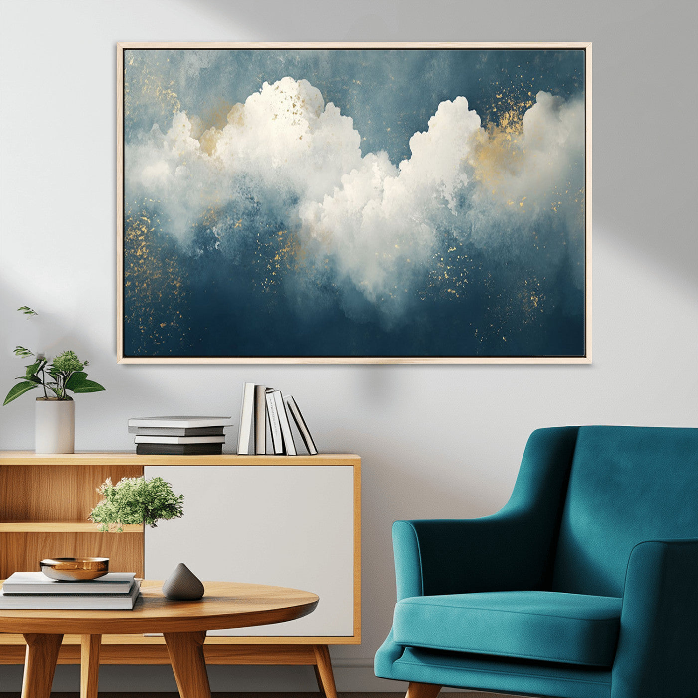 75131-MGV-CV-36X24-Abstract Cloud Wall Art – Modern Canvas Print Featuring Blue and White Clouds with Golden Accents, Contemporary Artwork for Living