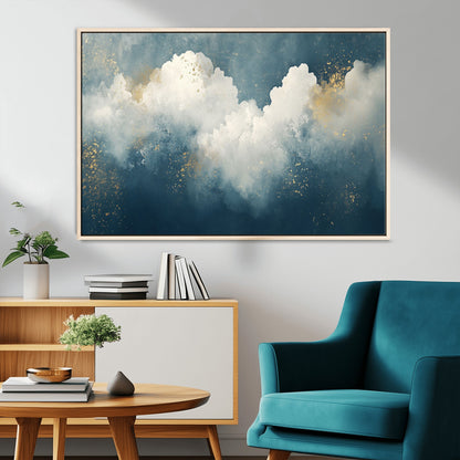 75131-MGV-CV-36X24-Abstract Cloud Wall Art – Modern Canvas Print Featuring Blue and White Clouds with Golden Accents, Contemporary Artwork for Living