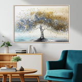 24771-MGV-CV-36X24-Silver Tree Wall Art Canvas Print, Framed Golden Leaves Art Picture Print, Metallic Tree Perfect Minimalist Luxury Decor Artwork