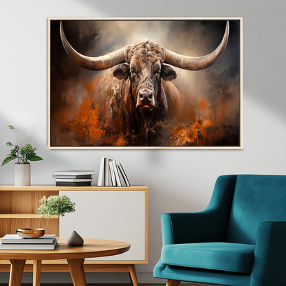 240479-MGV-CV-36X24-Longhorn Bull Wall Art – Dramatic Western Canvas Print Featuring Horned Bull with Fiery Background, Rustic Farmhouse Artwork for
